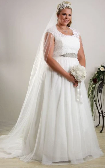 A-Line Scoop-Neck Jeweled Lace Plus Size Wedding Dress