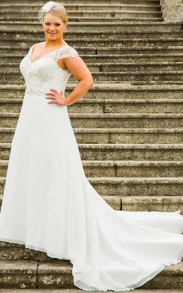 V Neck Plus Size Lace Cap Sleeve Bridal Gown With Lace Up