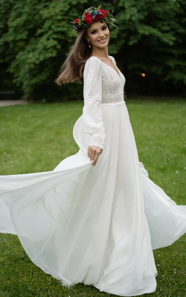 Poet Sleeves Chiffon A-Line Beach Wedding Dress with V-Neckline and Illusion Low-V Back