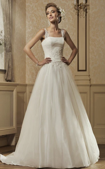 A-Line Strapped Sleeveless Floor-Length Ruched Tulle&Satin Wedding Dress With Appliques