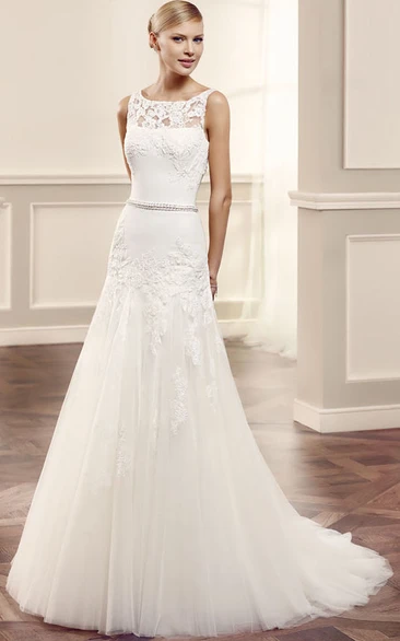 A-Line Bateau Sleeveless Appliqued Maxi Tulle Wedding Dress With Illusion Back And Waist Jewellery