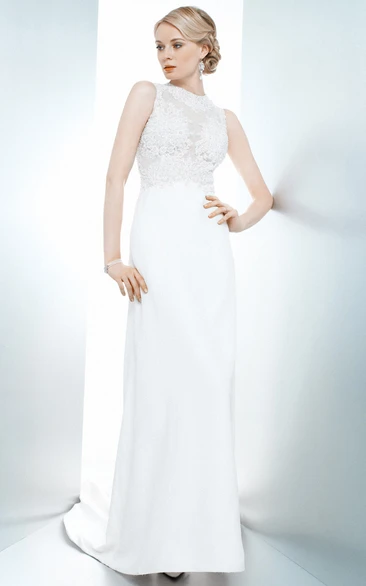 Sheath Appliqued Floor-Length Sleeveless Jewel Lace&Satin Wedding Dress With Sweep Train And Illusion Back