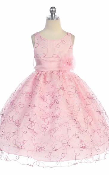 Embroideried Tea-Length Floral Sequins&Organza Flower Girl Dress With Sash