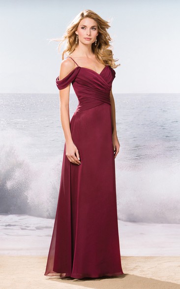 V-Neck A-Line Long Bridesmaid Dress With Crisscross Ruching And Spaghetti Straps