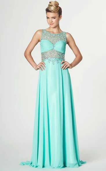 Floor-Length Sleeveless Ruched Scoop Neck Chiffon Prom Dress With Beading