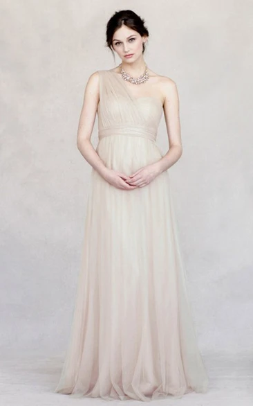 Floor-Length Criss-Cross Empire One-Shoulder Sleeveless Tulle Bridesmaid Dress