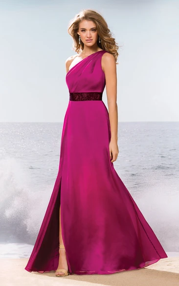 One-Shoulder Long Gown With Lace Waist And Slit Detail
