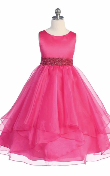 Tea-Length Beaded Tiered Sequins&Organza Flower Girl Dress With Ribbon
