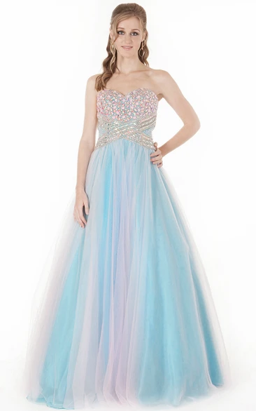 A-Line Sweetheart Crystal Sleeveless Long Tulle Prom Dress
