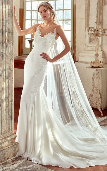 Sweetheart Sheath Gown With Lace Appliques And Illusive Neckline