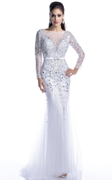 Long Sleeve Trumpet Tulle Prom Dress With Keyhole Back And Bling Rhinestones