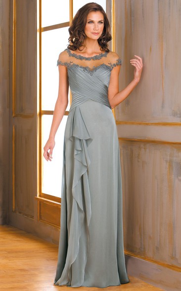 MOB Cap-Sleeved Long Mother Of The Bride Dress With Ruffles And Illusion Appliqued Neck