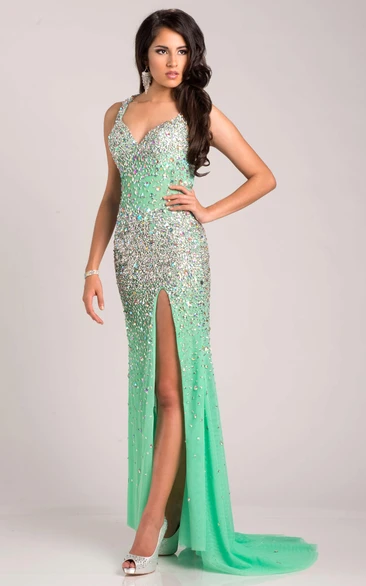Front Slit Sleeveless Sequined Long Prom Dress With V-Neck