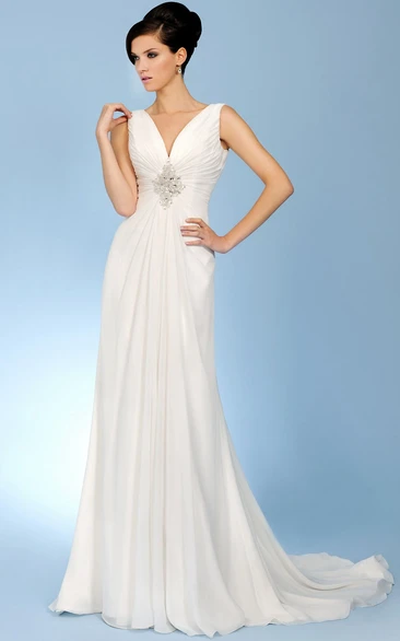 V-Neck Long Ruched Chiffon Wedding Dress With Court Train And V Back