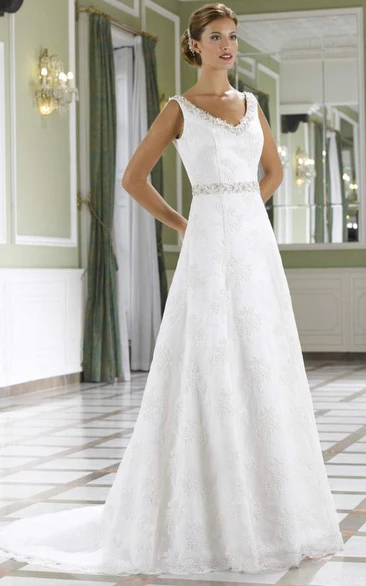 A-Line V-Neck Sleeveless Jeweled Long Lace Wedding Dress With Court Train And Low-V Back