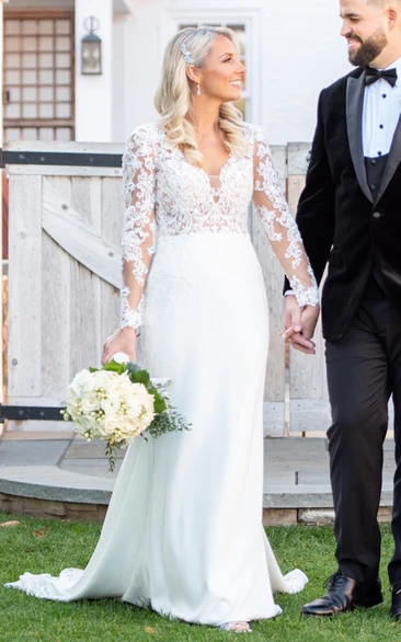 Casual Boho Delicate Lace Illusion Long Sleeve V-Neck Satin Elegant Country Wedding Dress