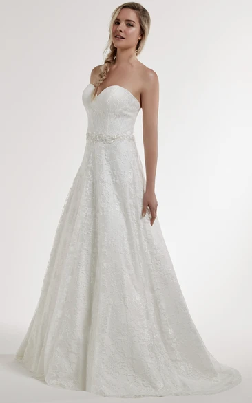 A-Line Sweetheart Jeweled Sleeveless Lace Wedding Dress With Brush Train