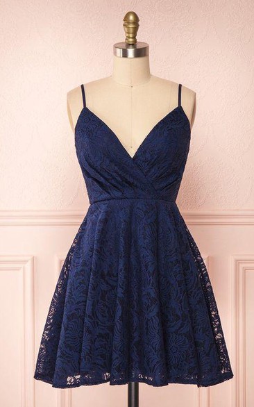 Simple Lace A Line Spaghetti Homecoming Dress With Open Back