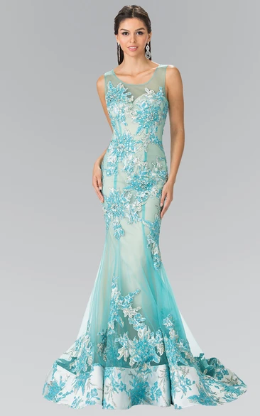 Trumpet Scoop-Neck Sleeveless Tulle Illusion Dress With Appliques