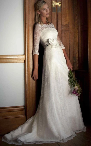 Sheath Half-Sleeve Bateau-Neck Lace Wedding Dress With Waist Jewellery