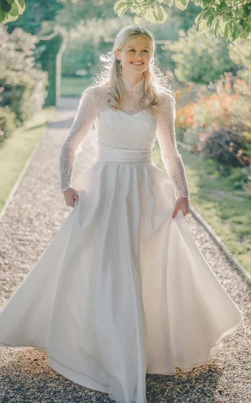 Satin A-Line Vintage Wedding Dress With Long Sleeve And High Neck