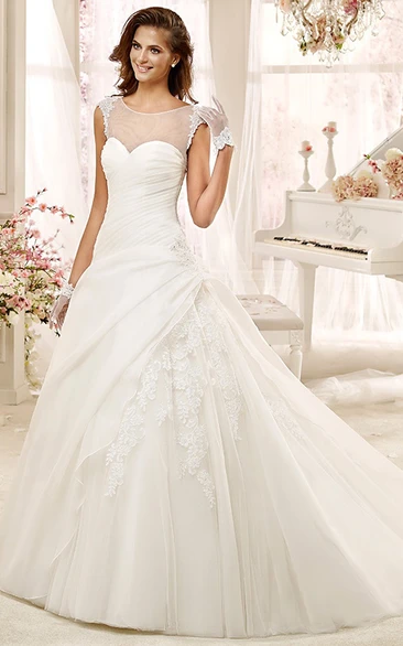 Jewel-neck Cap-sleeve A-line Wedding Dress with Asymmetrical Ruching and Illusive Design