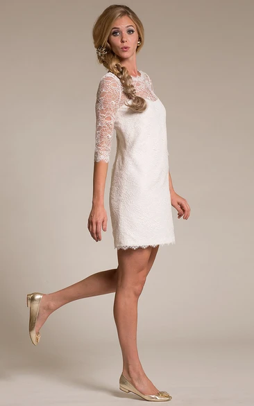 Half-Sleeve Bateau-Neck Short Lace Wedding Dress With V Back