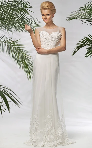 Sheath Maxi Scoop-Neck Cap-Sleeve Floral Tulle Wedding Dress With Embroidery
