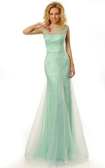 Ribboned Scoop Neck Sleeveless Lace Prom Dress With Brush Train