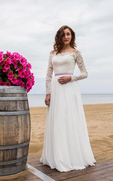 Off-Shoulder Long Sleeve Closed Sheer Back Wedding Dress With Chiffon Skirt