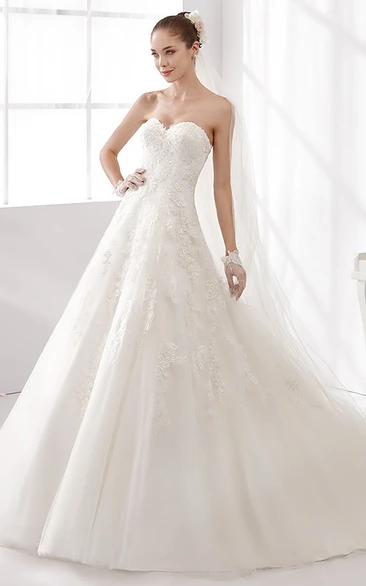 Sweetheart Lace A-Line Gown With Beaded Lace Appliques And Brush Train