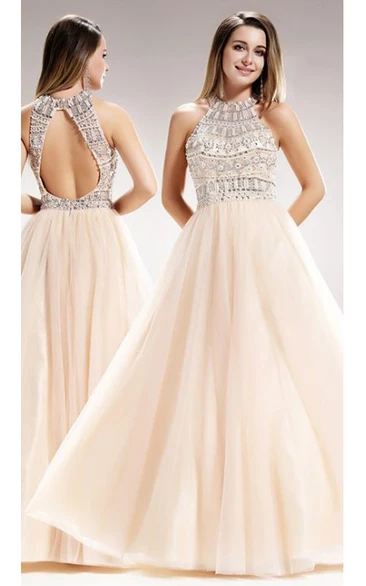 Ball Gown Long High Neck Sleeveless Keyhole Dress With Beading