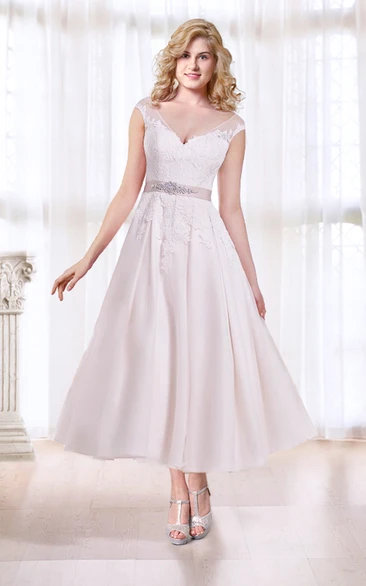 Cap Sleeve Tea Length Wedding Dress with Illusion Back