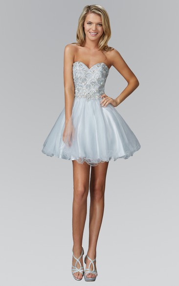A-Line Short Sweetheart Sleeveless Tulle Satin Dress With Beading