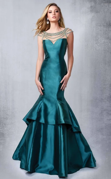 Mermaid Long Scoop-Neck Cap-Sleeve Satin Court Train Backless Dress With Beading And Tiers