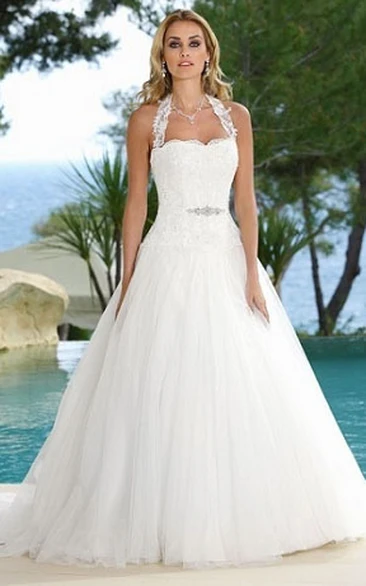 A Line Sleeveless Floor Length Halter Tulle Wedding Dress With Appliques And Court Train