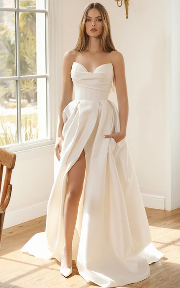 Ethereal A Line Satin Sweetheart Wedding Dress with Split Front and Ruching