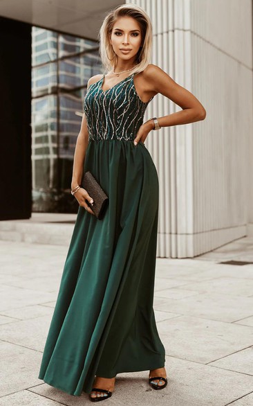 Romantic A-Line V-neck Formal Dress With Sequins And Zipper Back