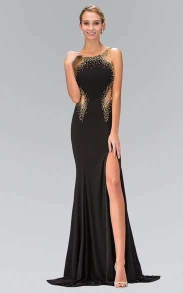 Sheath Scoop-Neck Sleeveless Jersey Illusion Dress With Split Front And Beading