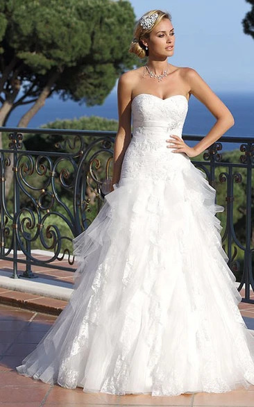 Sweetheart Long Jeweled Lace Tulle Wedding Dress With Cascading Ruffles
