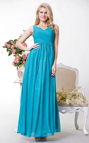 Graceful V-neck Chiffon Bridesmaid Gown With Squared Back and Ruching