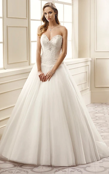 A-Line Sweetheart Beaded Tulle Wedding Dress With Court Train