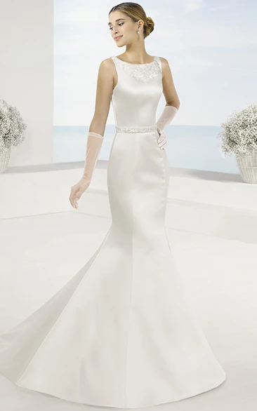 Mermaid Maxi Bateau Appliqued Sleeveless Satin Wedding Dress With Waist Jewellery And Illusion Back