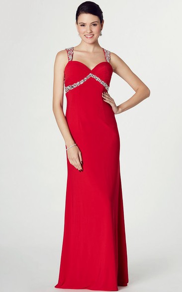 Floor-Length Sleeveless Beaded Strapped Jersey Prom Dress With Keyhole