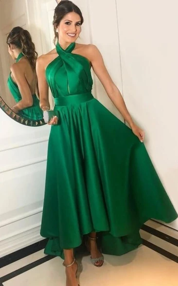 A Line Sleeveless Satin Vintage Backless Prom Formal Dress with Ruffles