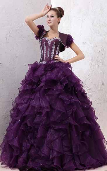 Organza Strapless Quinceanera Dress With Ruffles And Beading