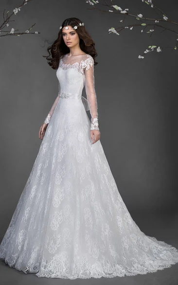 Vintage Inspired Long Lace Sleeves Tulle Wedding Dress With Lace