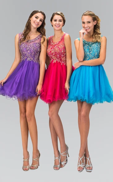 A-Line Short Scoop-Neck Sleeveless Tulle Dress With Ruffles And Beading