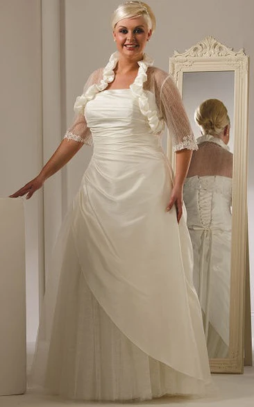 Strapless Lace Up Taffeta Bridal Gown With Tulle Skirt And Jacket
