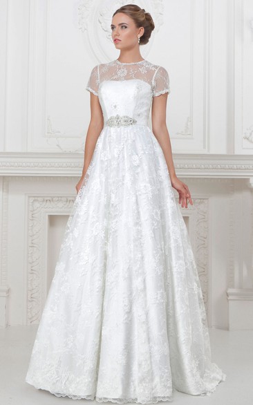 A-Line Floor-Length High-Neck Appliqued Short-Sleeve Lace&Satin Wedding Dress With Waist Jewellery